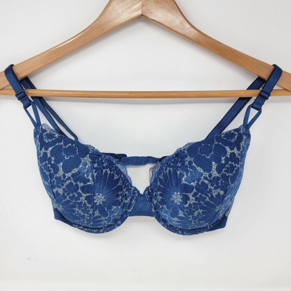 Victoria's Secret‎ 34D Blue / Gold Glitter Lace Lined Demi Bra